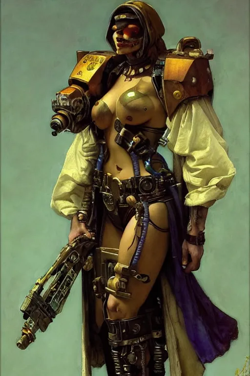 Image similar to full character portrait max mad cyberpunk warhammer 4 0 k, tech priest medic not the girl with the pearl earring character design, painting by gaston bussiere, katsuya terada, wyeth, greg rutkowski, craig mullins, ( ( ( ( ( vermeer ) ) ) ) ), frank frazetta, mucha, tom of finland, trending on artstation