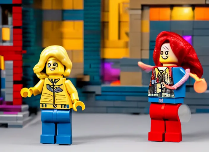 Prompt: product photo still of drew barrymore dancing for david letterman lego playset, 8 k, 1 2 0 mm macro, f 1. 8, studio lighting, key light