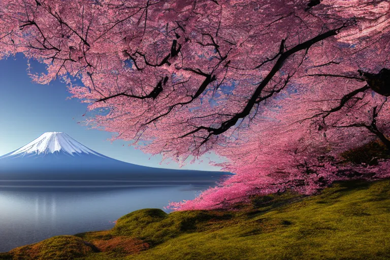 Image similar to mount fuji, view from behind lake, sunny morning, photorealistic landscape, 8 k, octane render, standing under blossoming cherry trees