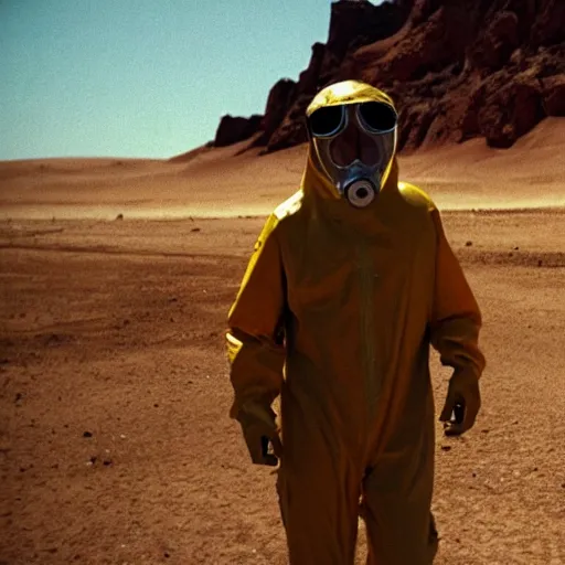 Image similar to a man wearing a hazmat suit and gasmask, in the desert, film still, directed by vince gilligan