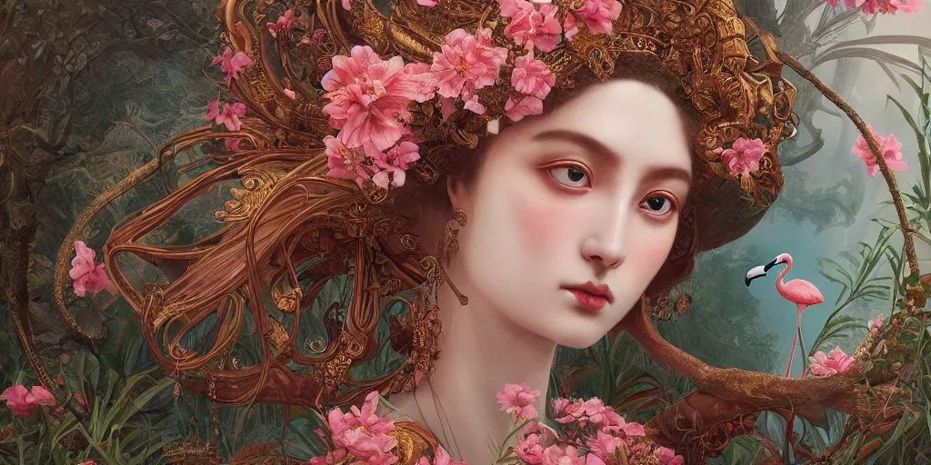 Image similar to breathtaking detailed concept art painting of the goddess of flamingo, orthodox saint, with anxious, piercing eyes, ornate background, amalgamation of leaves and flowers, by Hsiao-Ron Cheng and John James Audubon, extremely moody lighting, 8K