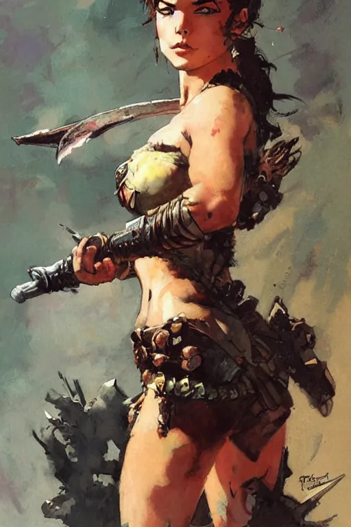 Prompt: a portrait of a cute warrior girl by frank frazetta and ross tran