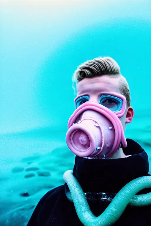 Image similar to high quality pastel coloured film mid angle portrait photograph of a beautiful young 2 0 year old male, soft features, short hair, rubber gas mask and oversized inflated clothing!!!! icelandic black! rock pool environment. atmospheric three point light. photographic. art directed. ( pastel colours ). volumetric. clearcoat. waves. 8 k. filmic.