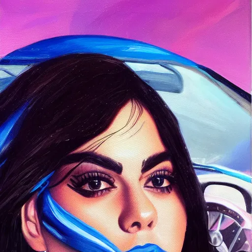 Image similar to charli xcx on the windshield of a car, oil painting, detailed