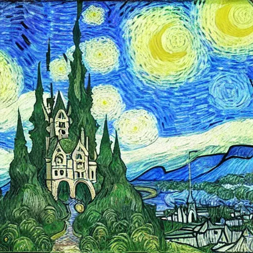 Prompt: castle in the sky ghibli, by van gogh