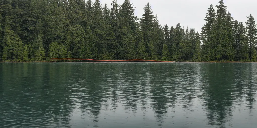 Image similar to color photograph of a very long rope on the surface of the water, the rope is snaking from the foreground stretching out towards the center of the lake, a dark lake on a cloudy day, trees in the background, anamorphic lens