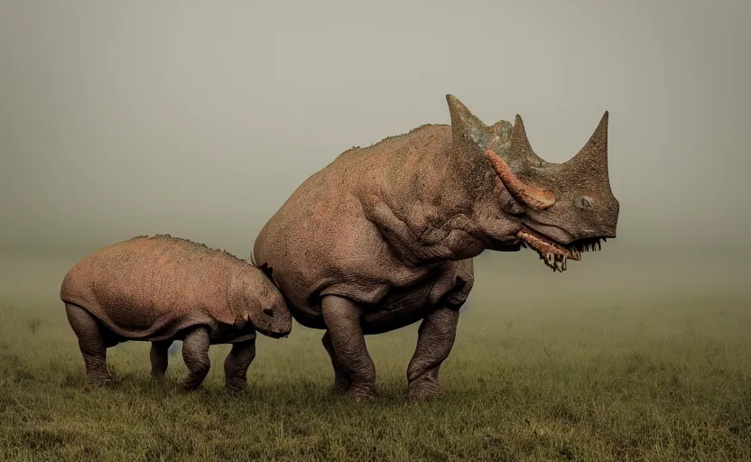 Image similar to nature photography of a rain soaked triceratops and her baby, african savannah, rainfall, mud, fog, digital photograph, award winning, 5 0 mm, telephoto lens, national geographic