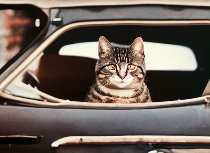 Image similar to A very high resolution image from a new movie, a cat driving a car around, inside of a car , mountains, Polaroid, directed by wes anderson