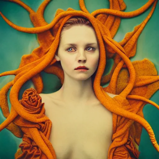 Image similar to realistic expired kodak film portrait of an angel woman tentacled creature mix, marigold celestial vibe, hyperrealism, hypermaxiymalism, photorealistic, detailed, atmospheric, 8 k, award winning photography, cinematic