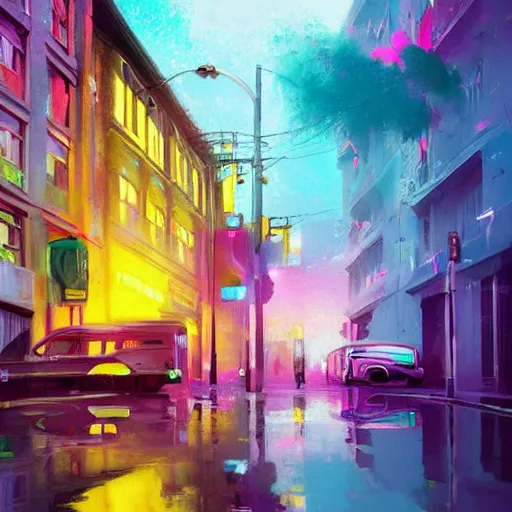 Prompt: digital art, strong emotional impact, bold pastel colors, spring day, expressive brushstrokes, puddles, an art deco streetscape lined with beautiful flowers, by liam wong and tyler edlin, trending on artstation