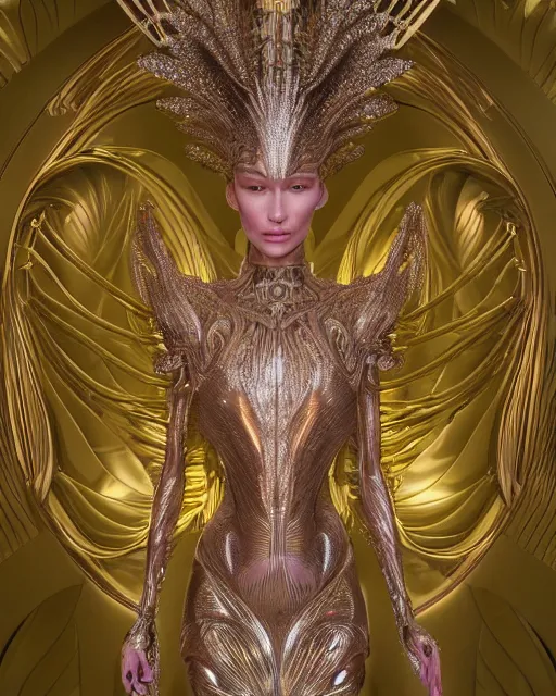 Image similar to a highly detailed metahuman 4 k close up render of an alien goddess bella hadid as alien in iris van herpen dress schiaparelli in diamonds crystals swarovski and jewelry iridescent in style of alphonse mucha gustav klimt trending on artstation made in unreal engine 4