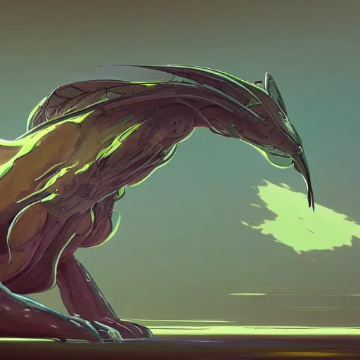 Image similar to concept art painting of an alien animal creature, detailed, cel shaded, in the style of makoto shinkai and moebius and james gurney