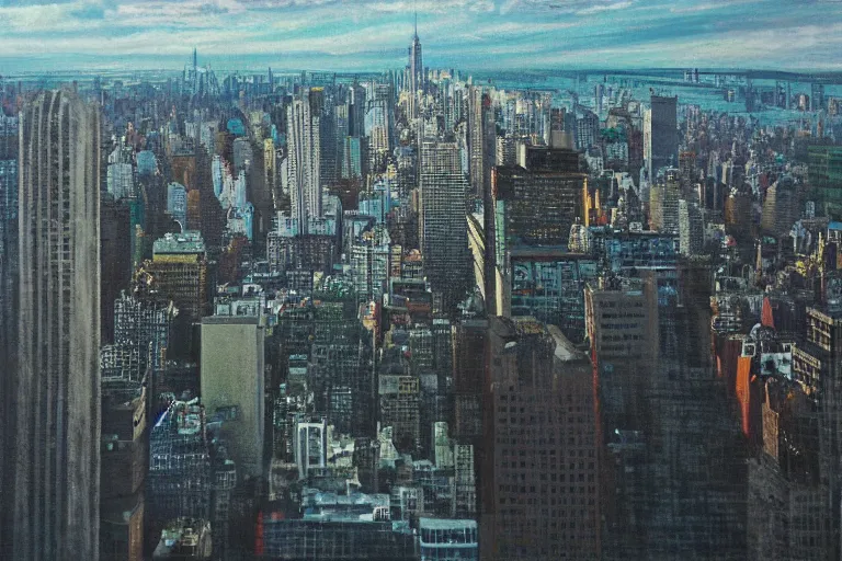 Prompt: tsunamic crashing over manhattan, bird's eye view, wide shot, cinematic, realistic painting