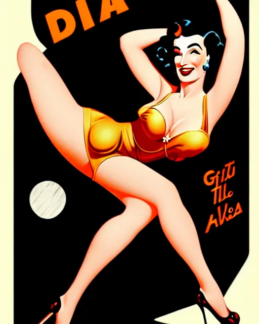 Image similar to a retro sci - fi pinup illustration of dita von teese in the style of alberto vargas and in the style of gil elvgren.