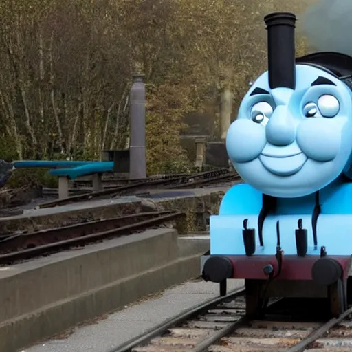 Prompt: Thomas the tank engine walks down the street with his human arms and human legs