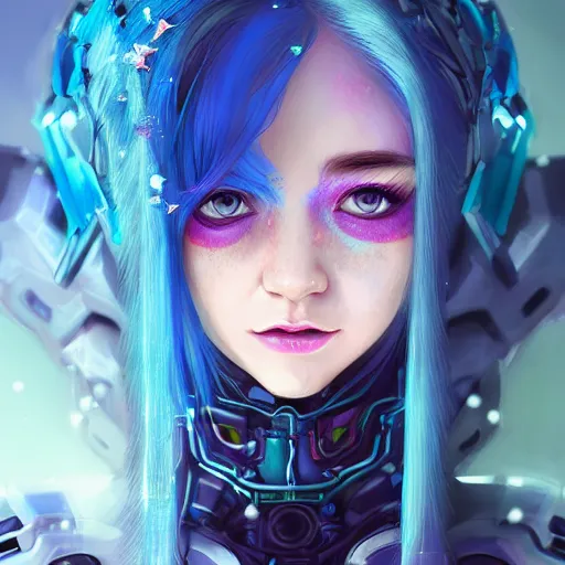 Prompt: art championship winner trending on artstation portrait of a goddess elven mecha warrior princess, head and shoulders, blue hair, matte print, pastel neon, cinematic highlights, lighting, digital art, cute freckles, digital painting, fan art, elegant, pixiv, by Ilya Kuvshinov, daily deviation, IAMAG, illustration collection aaaa updated watched premiere edition commission ✨✨✨ whilst watching fabulous artwork \ exactly your latest completed artwork discusses upon featured announces recommend achievement