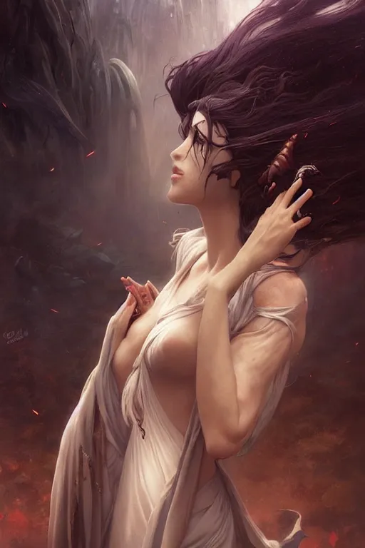 Image similar to seductive looking sorceress prays!!! magic the gathering, windy hair!, surreal dark fantasy, cinematic volumetric lights, portrait, dnd, intricate, elegant, highly detailed, digital painting, artstation, concept art, smooth, sharp focus, illustration, art by artgerm and tom bagshaw and greg rutkowski and alphonse mucha
