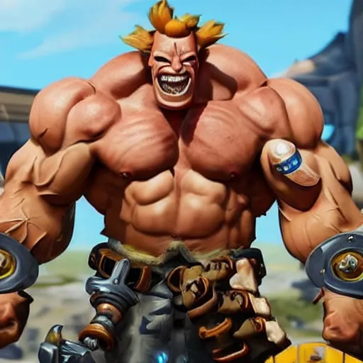 Image similar to a screenshot of junkrat arnold schwarzenegger as junkrat in overwatch