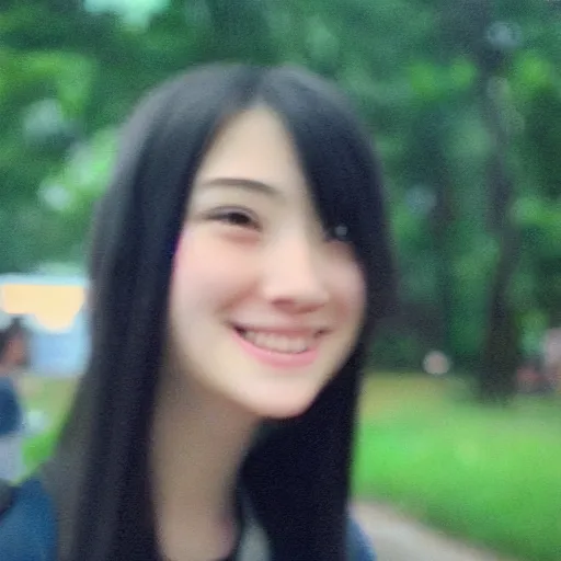 Image similar to grainy cheap nokia mobile phone footage of an anime girl spotted in real life, off center, at an angle, found footage, small filesize, jpeg artifacting and ringing, low res, blurry, uncanny valley, smiling