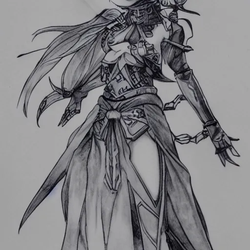 Image similar to a mage from final fantasy 14 drawn by Yoshitaka Amano, amazing linework