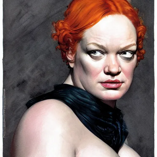 Prompt: dramatic upper body portrait of christina hendricks as baron harkonnen, by norman rockwell and boris vallejo, artstation, concept creature character art