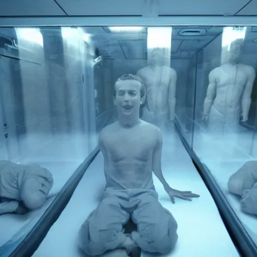 Prompt: mark zuckerberg sitting in front of his clones growing inside a vat of protein fluid. They are inside the cloning med bay of an alien ship. the ceiling and floor glow. from science fiction movie.