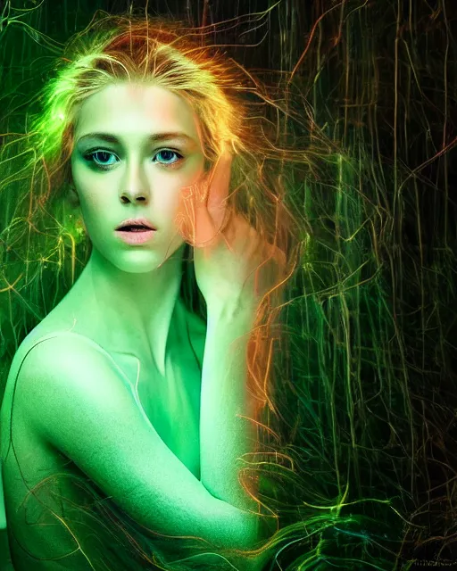 Prompt: luminescent long exposure light painting by victoria frances of a beauteous practical sumptuous full frame photo realistic face, lifelike incredible hair, crystalline masterpiece incrustations, hyperdetailed face, elegant pose, movie still, intricate, octane render, cinematic forest lighting,