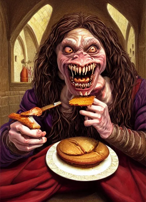 Image similar to portrait of a medieval goblin eating cakes in the cloisters, beautiful face, hyper realistic, highly detailed digital painting by earl norem, artstation illustration co