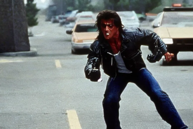 Image similar to a film still of Sylvester Stallone as the Terminator from the movie Terminator 2: Judgment Day (1991)