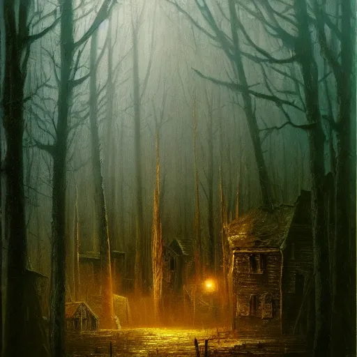 Prompt: a highly detailed oil painting of a bruning old town in a dark mystical forest, beksinski, moody, atmospheric, volumetric light, 4 k