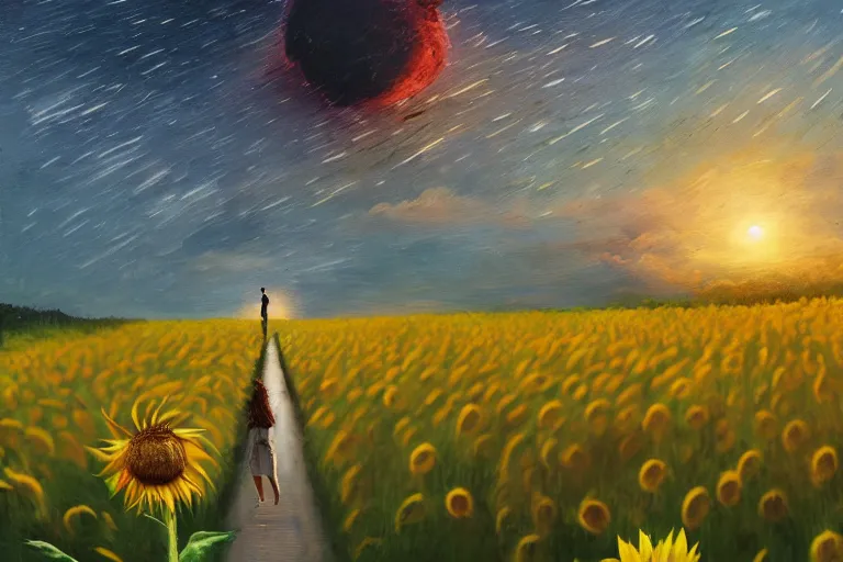 Image similar to giant sunflower as a head, girl walking in wheat field, hills, surreal photography, dark night, star trails, dramatic light, impressionist painting, clouds, digital painting, artstation, simon stalenhag