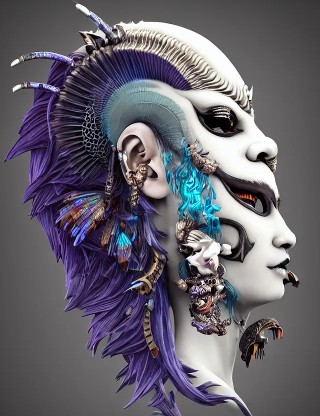 Image similar to 3 d goddess close - up profile portrait punk with mohawk with ram skull. beautiful intricately detailed japanese crow kitsune mask and clasical japanese kimono. betta fish, jellyfish phoenix, bio luminescent, plasma, ice, water, wind, creature, artwork by tooth wu and wlop and beeple and greg rutkowski