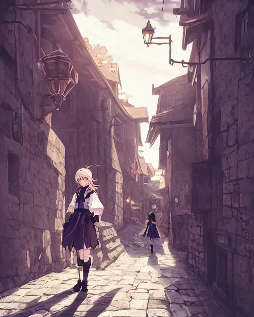 Image similar to pixiv, key anime visual portrait of a young female walking through a medieval village, dynamic pose, dynamic perspective, cinematic, dramatic lighting, detailed silhouette, film grain, yoshitaka amano, tending on artstation, face by yoh yoshinari, detailed, intricate