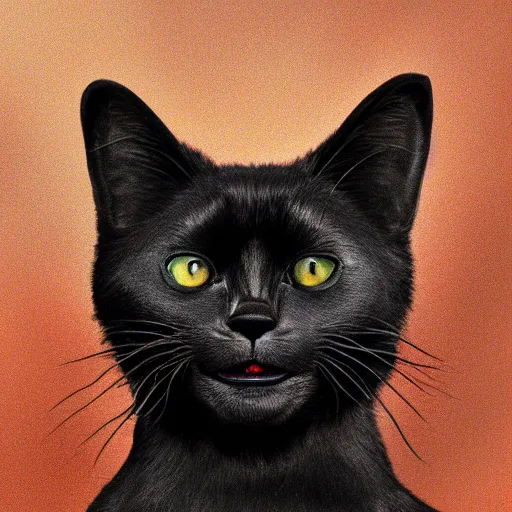 Prompt: a photorealistic black cat with conrad viedt's smile from the man who laughs. 8 k. high resolution.