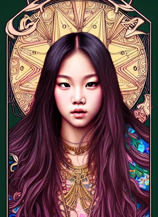 Image similar to jennie manoban of blackpink, tarot card, highly detailed, digital painting, smooth, sharp focus, illustration, ultra realistic, 8 k, art by artgerm and alphonse mucha