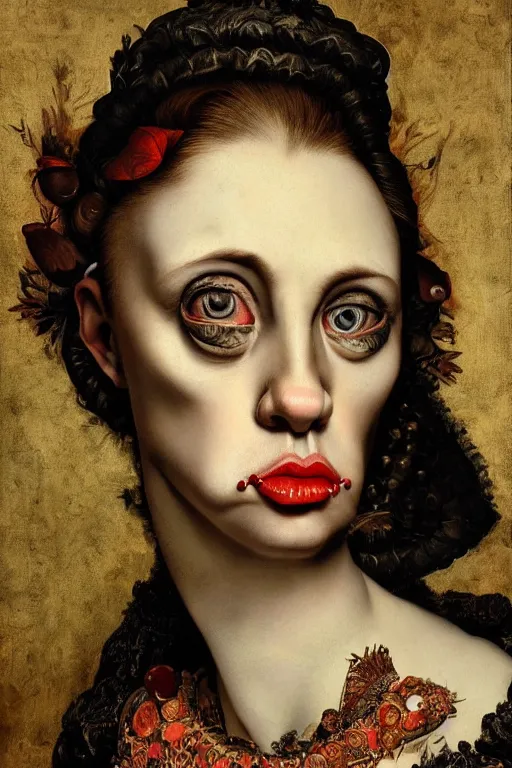 Image similar to Detailed maximalist portrait with large lips and with large eyes, angry, exasperated expression, HD mixed media, 3D collage, highly detailed and intricate illustration in the style of Caravaggio, dark art, baroque