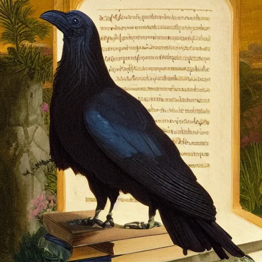 Image similar to beautifully detailed animal portrait of a detailed raven looking at a book laid out on a golden silk cloth, in a serene beautiful stone arched garden at beautiful sunrise by john james audubon and sidney cooper and frederic leighton and by rosetti, 4 k, artstation