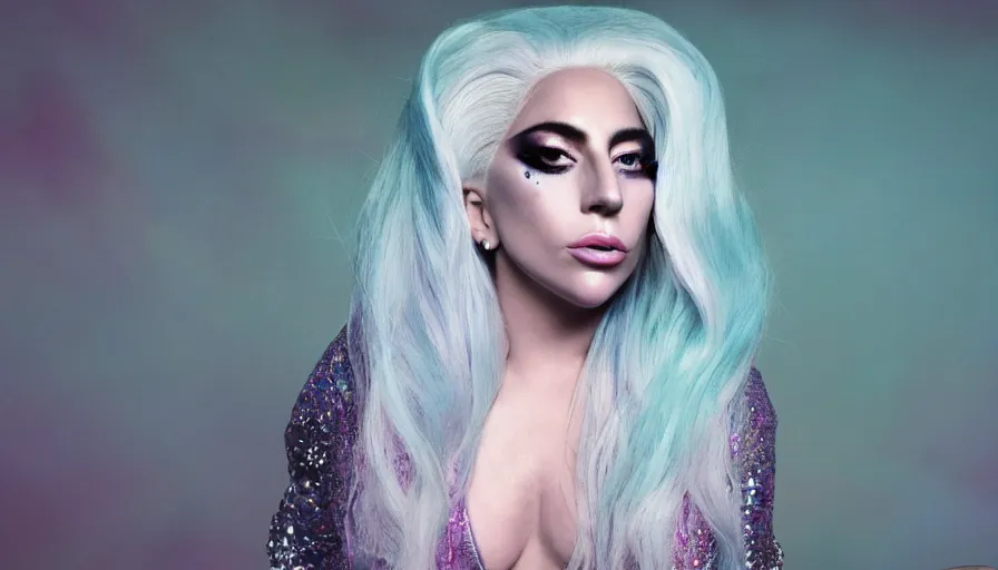 Prompt: lady gaga with long white hair , an album cover by Hedi Xandt, featured on vanity fair, holography, smokey background, matte background, seapunk High resolution. Highly detailed. Dramatic. 8k.4k.