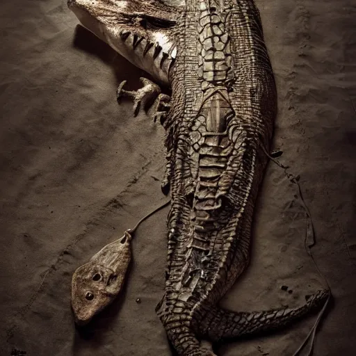 Image similar to a mummified crocodile, fantasy art, cinematic lighting