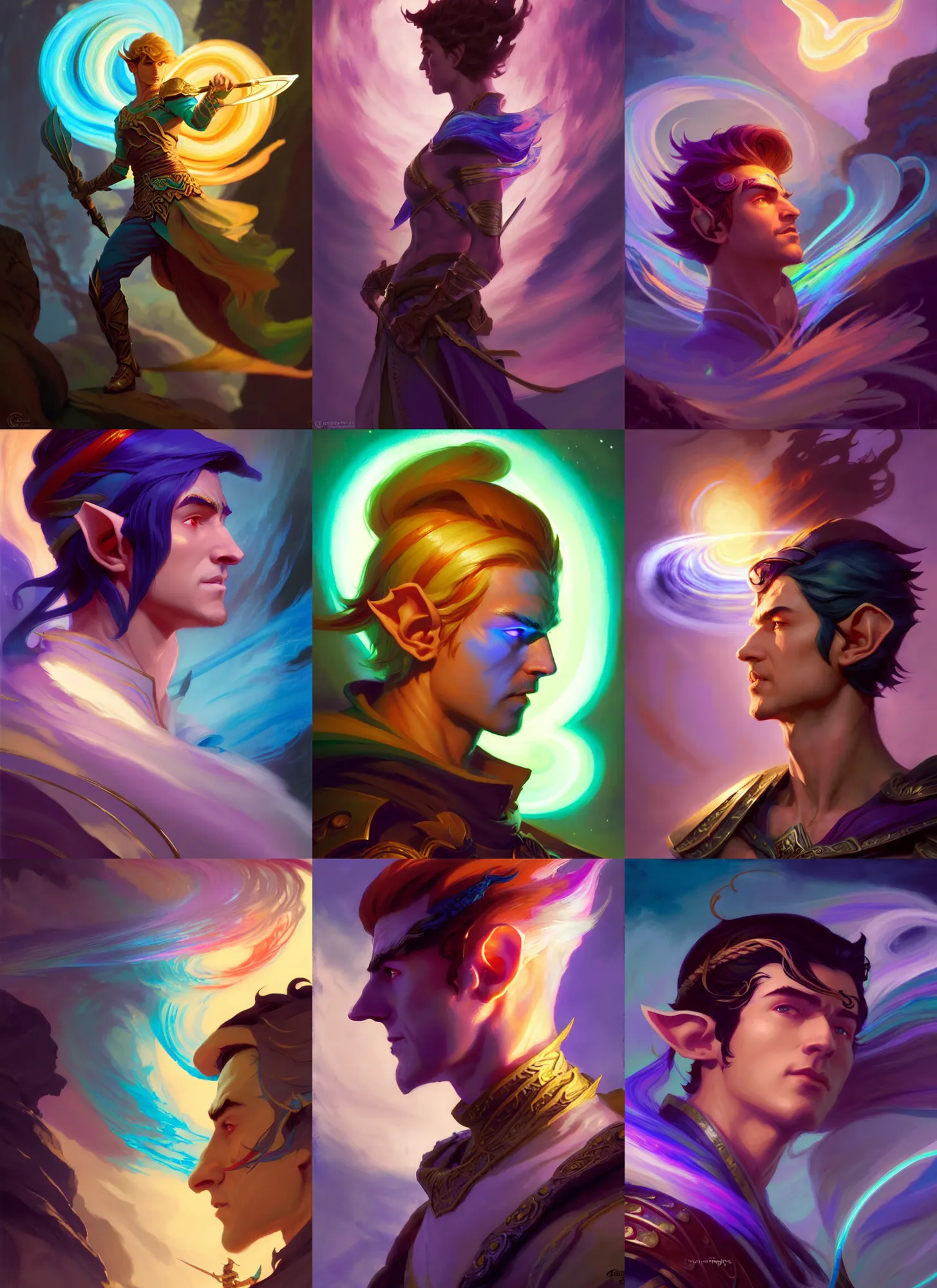 Prompt: side profile, male elf ranger, gloomhaven, luminescent, colorful swirly magic ripples, dreamy colors, by greg manchess, huang guangjian, gil elvgren, sachin teng, greg rutkowski, jesper ejsing, ilya kuvshinov