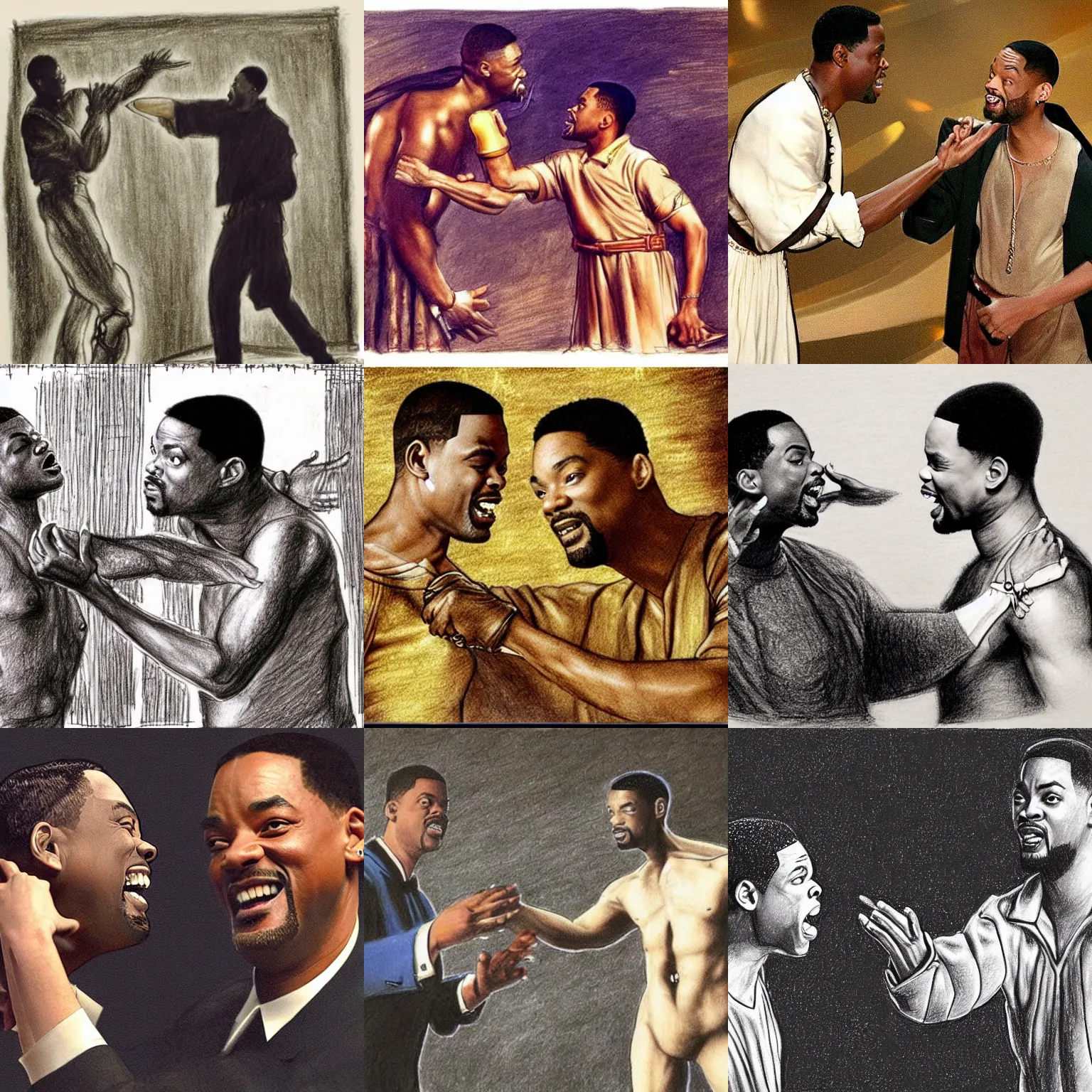 Prompt: a drawing of chris rock slapping will smith at the oscars, beautiful, by leonardo da vinci