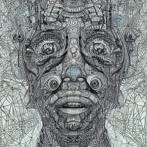 Image similar to Geometrically surreal Artificially Intelligent beings, extremely high detail, photorealistic, intricate line drawings, dotart, album art in the style of James Jean