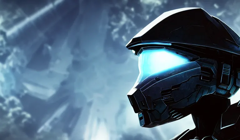 Image similar to cyberpunk halo helmet on space looking up, close shot, reflection, epic, dramatic, cinematic, award winning, ultra detailed, realistic, 8k,