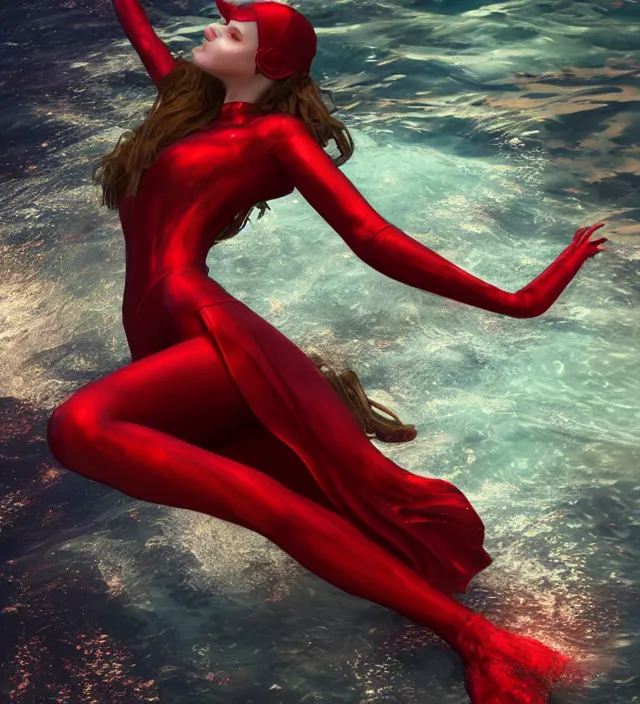 Image similar to scarlet witch floating in the sea while asleep and she is glowing red, nostalgia, very detailed texture, realistic shaded lighting, studio quality, digital art, dark background style by wlop, unreal engine 5 rendered, octane rendered, pinnacle studio, naturel, trending on artstation, art style by nixeu and ian sprigger