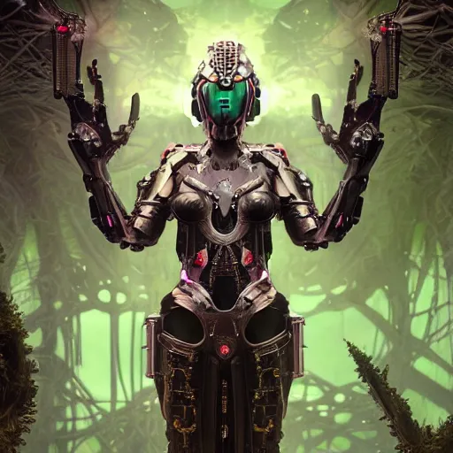 Image similar to mystical evil scifi cyborg android queen with obsidian eyes, wearing an elaborate medieval helmet, in a jungle of subsurface wax tendril leaves, volumetric lighting, realistic concept art, octane render, 8 k, unreal engine, art by todd mcfarlane and artgerm and greg rutkowski and alphonse mucha