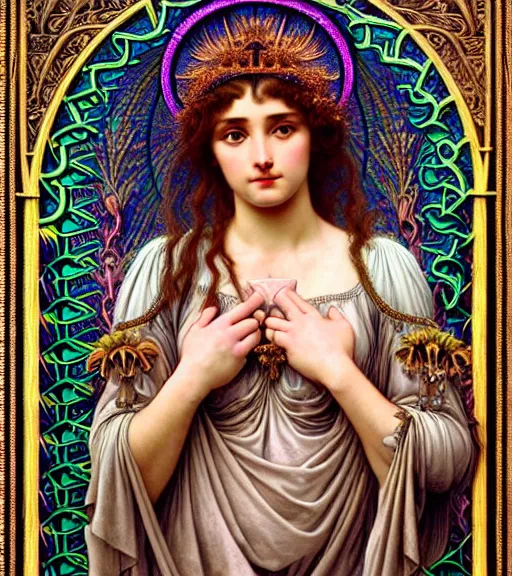 Image similar to hyperrealistic detailed portrait of a beautiful young goddess morphing into a gothic cathedral, authentic ornamental architecture, intricate and highly detailed, awe inspiring art by ernst haeckel, john william godward, h. r. giger, alphonso mucha, android jones, james jean, gothic, neo - gothic, heavily ornamental, deep colours,