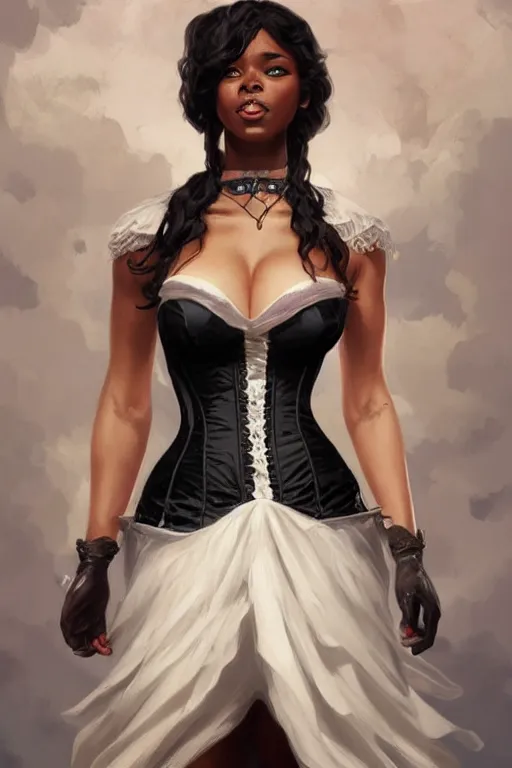 Image similar to cute black woman wearing a white corset dress, fantasy, intricate, highly detailed, digital painting, artstation, concept art, wallpaper, smooth, sharp focus, illustration, art by artgerm and greg rutkowski and alphonse mucha