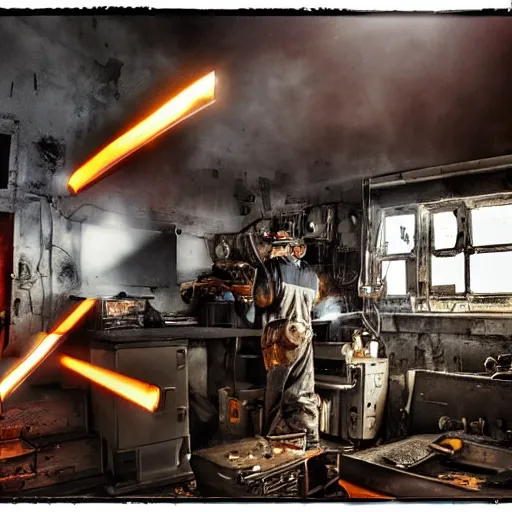 Image similar to cyborg toaster oven repairman, dark messy smoke - filled cluttered workshop, dark, dramatic lighting, orange tint, sparks, plasma rays, cinematic, highly detailed, sci - fi, futuristic, movie still, rule of thirds composition