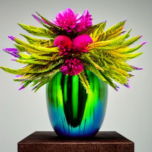 Image similar to An ultra high definition studio photograph of an alien flower in a simple vase on a plinth. The flower is multicoloured iridescent. High contrast, key light, 70mm.