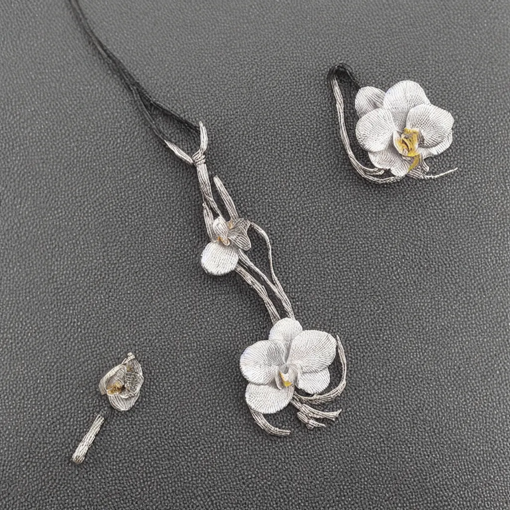 Image similar to Silver embroidered orchid amulet, realistic, clean, 4k, highly detailed